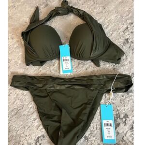 NWT Beach Bunny 3X Olive Green Push Up Halter‎ Bikini Swimsuit Set Plus Size NWT